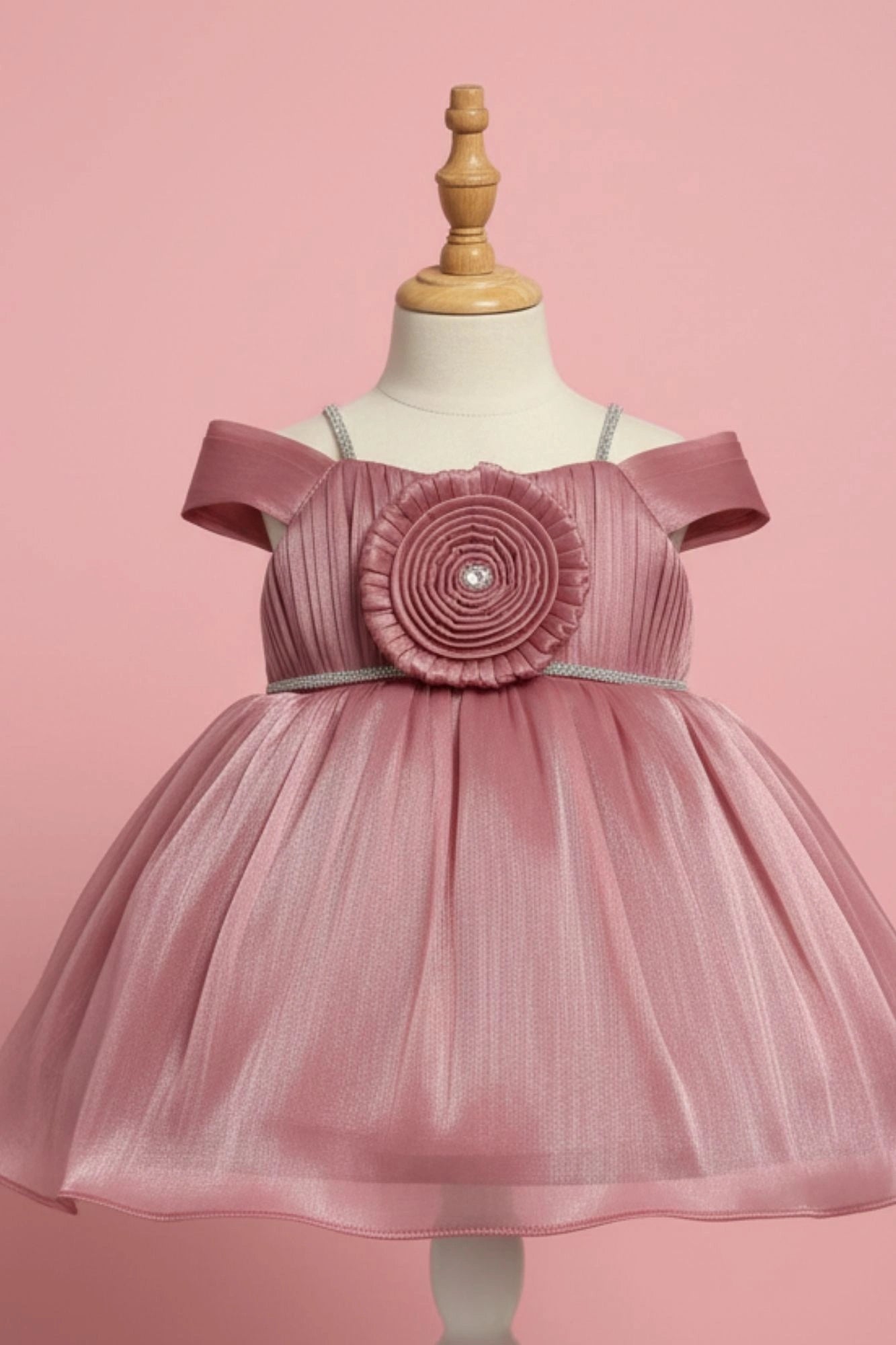 Onion Pink Party Frock with Pleated Flower Appliqué and Shimmer Finish For Girls