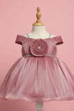 Onion Pink Party Frock with Pleated Flower Appliqué and Shimmer Finish For Girls