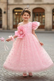 Blush Pink One-Shoulder Bow Embroidered Party Gown for Girls