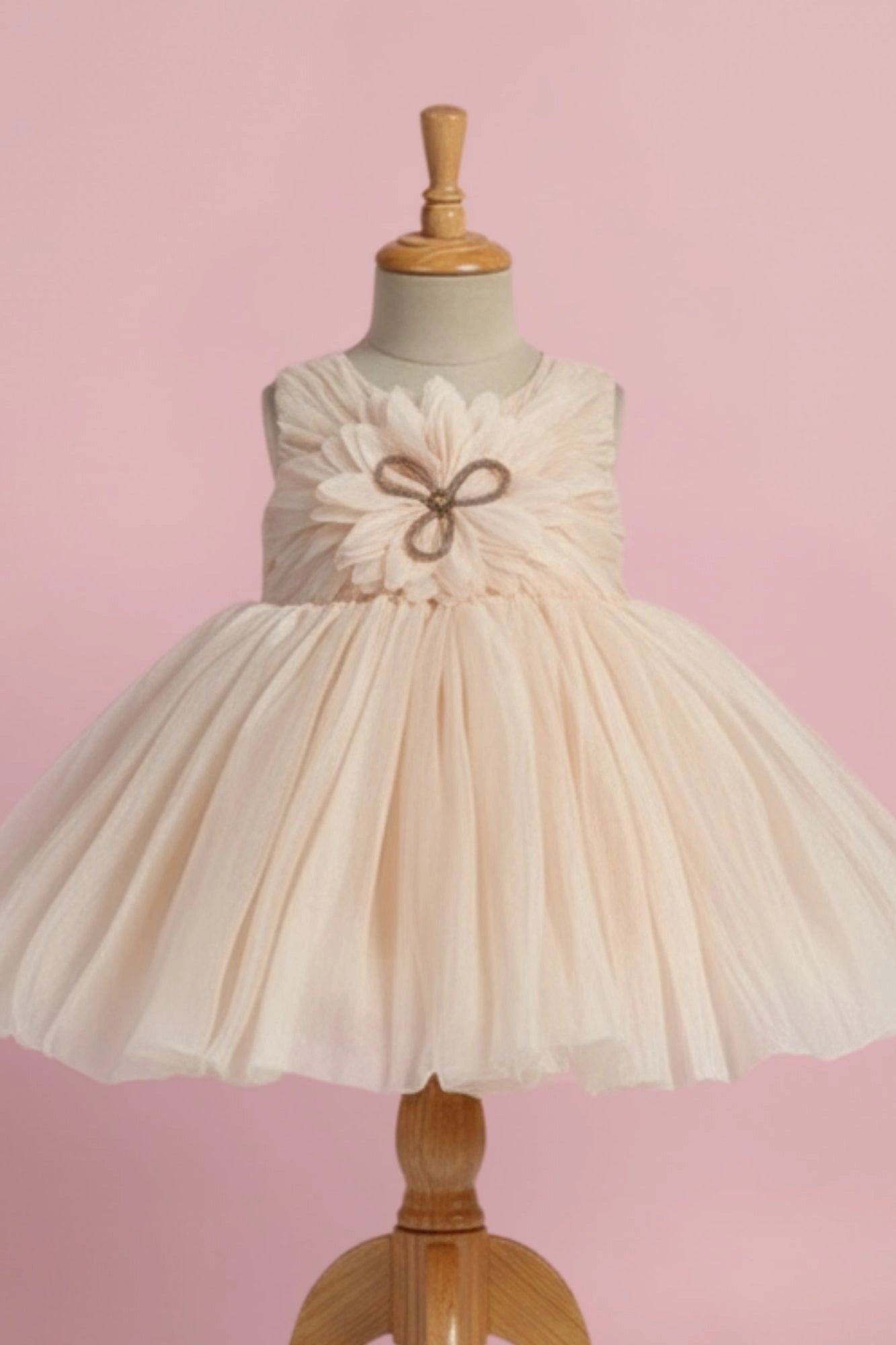 Fawn Party Frock with Oversized Floral Appliqué and Pleated Shine Finish For Girls
