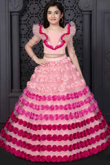 Designer Pink Frill Sleeve With Sequin And Pearl Work And Floral Embellished Frock For Girls