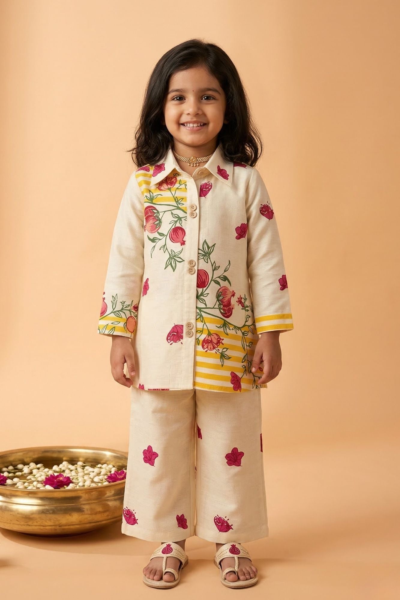 Girls Cream Floral Printed Co-Ord Set with Shirt And Wide-Leg Pants