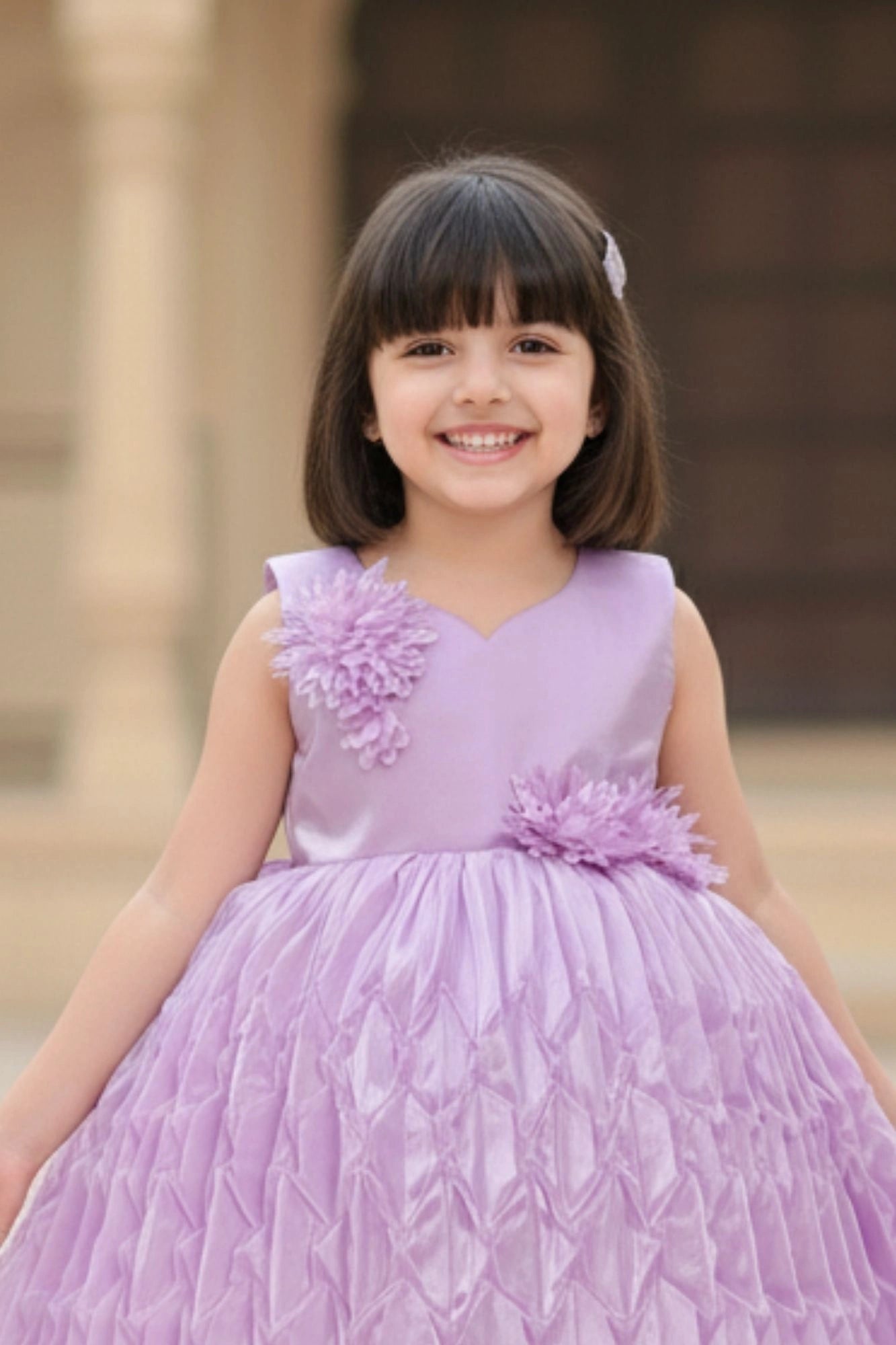Lavender Embellished Party Wear Frock with Textured Pleated Skirt For Girls