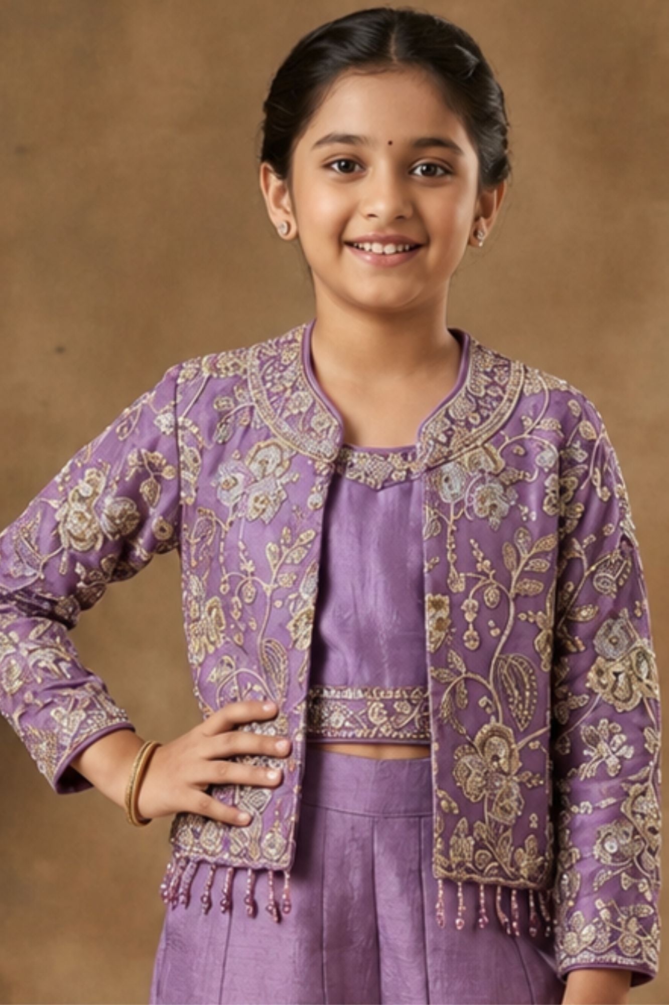 Lilac Palazzo Set with Embroidered Jacket For Girls