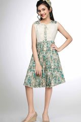 Stylish Green Floral Printed And Sequins Work Casual Wear Frock For Girls