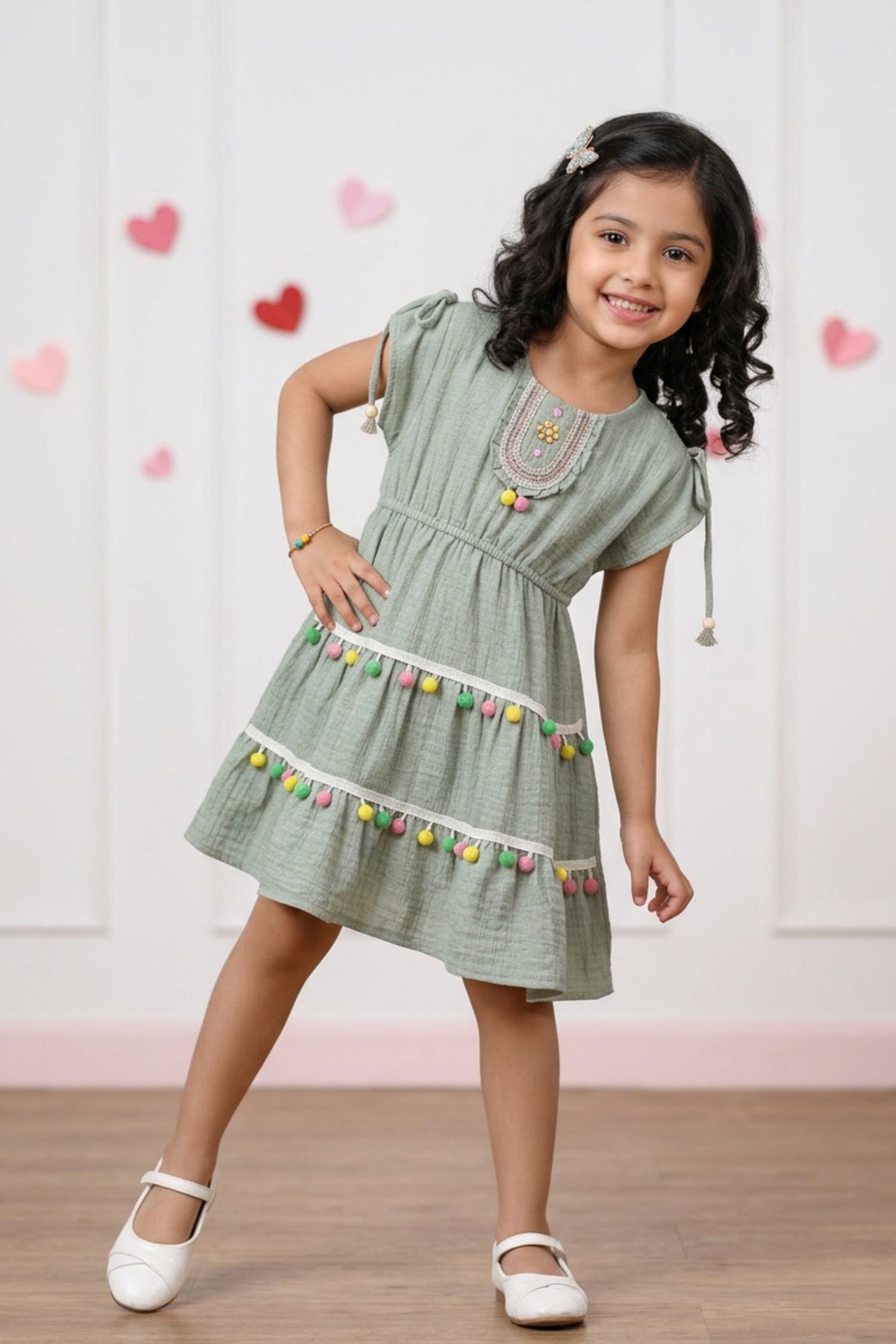 Green Pom-Pom Cotton Frock with Embroidered Yoke For Girls