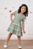 Green Pom-Pom Cotton Frock with Embroidered Yoke For Girls