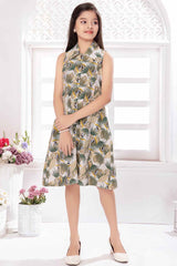 Green Sleeveless And Leave Printed A-Line Frock For Girls