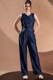 Girls Navy Blue Co-Ord Set With Sleeveless Top And Wide-Leg Pants