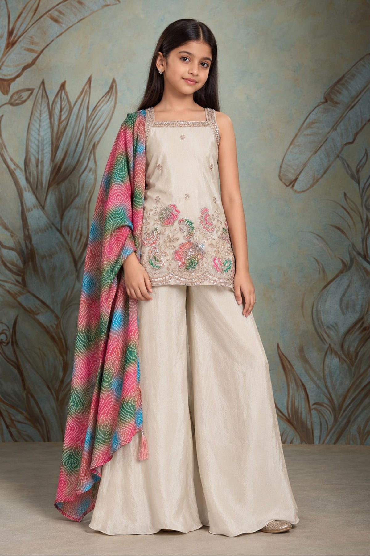 Girls Ivory Multicolour Floral Embellished Sleeveless Palazzo Set With Dupatta