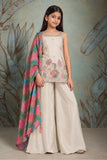 Girls Ivory Multicolour Floral Embellished Sleeveless Palazzo Set With Dupatta