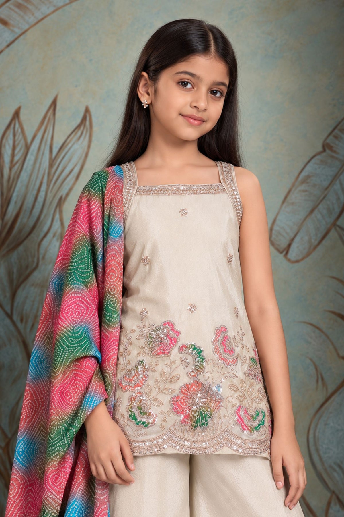 Girls Ivory Multicolour Floral Embellished Sleeveless Palazzo Set With Dupatta