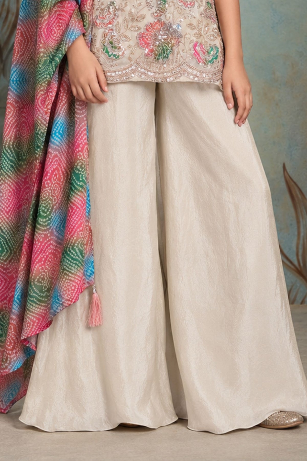 Girls Ivory Multicolour Floral Embellished Sleeveless Palazzo Set With Dupatta