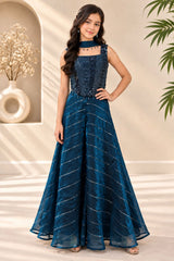 Girls Peacock Blue Heavy Bead Work Embellished Palazzo Set With Dupatta