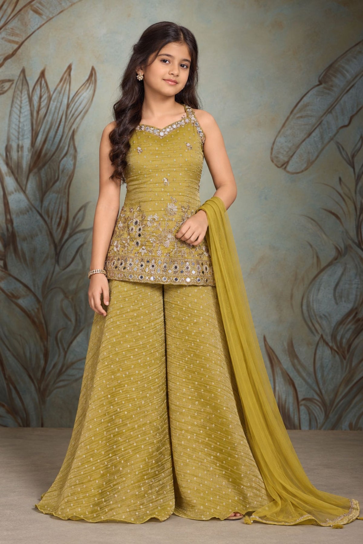 Girls Antique Gold Mirror Embroidered Sleeveless Palazzo Set With Dupatta