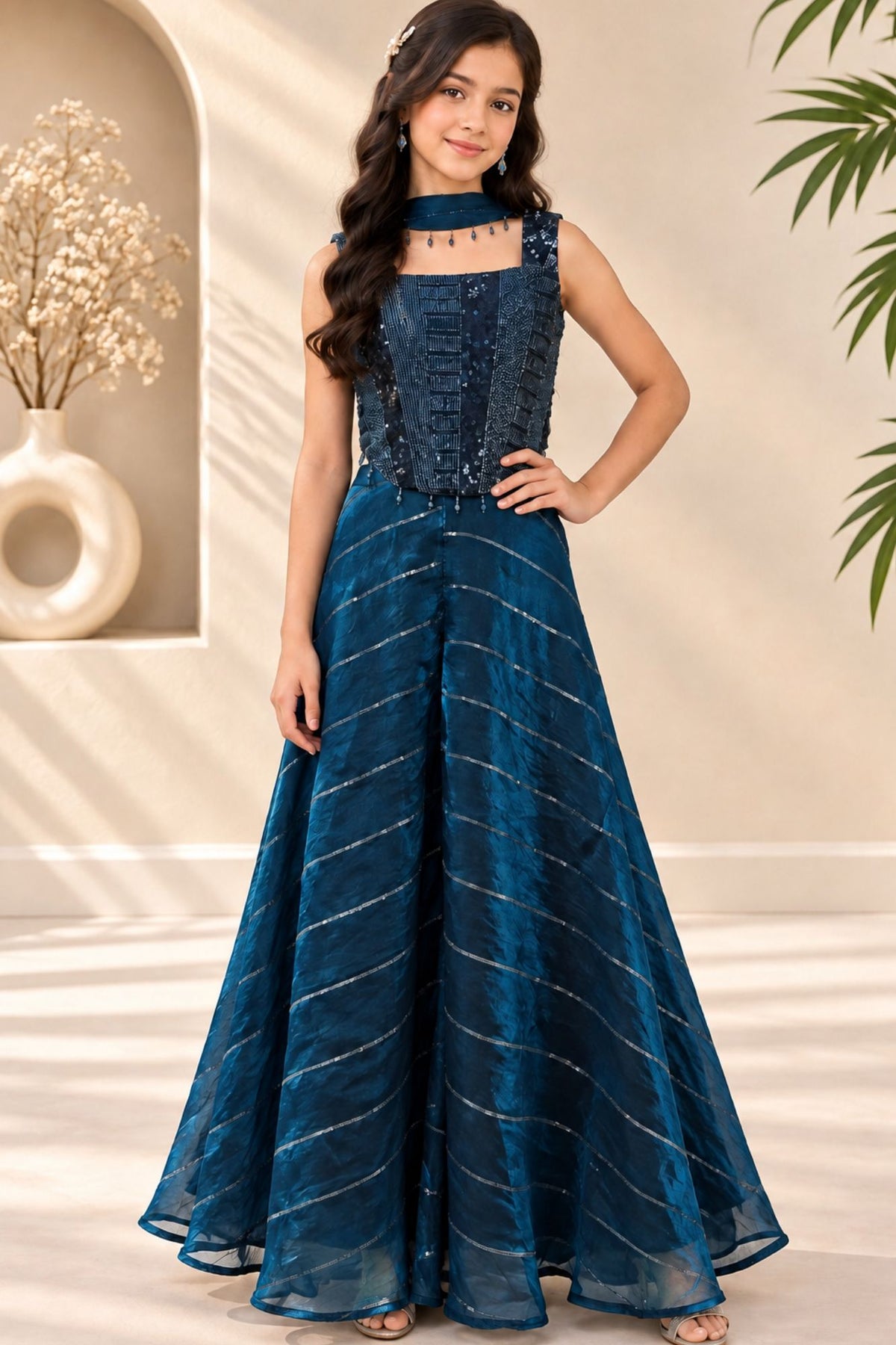 Girls Peacock Blue Heavy Bead Work Embellished Palazzo Set With Dupatta