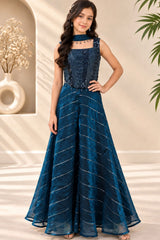 Girls Peacock Blue Heavy Bead Work Embellished Palazzo Set With Dupatta