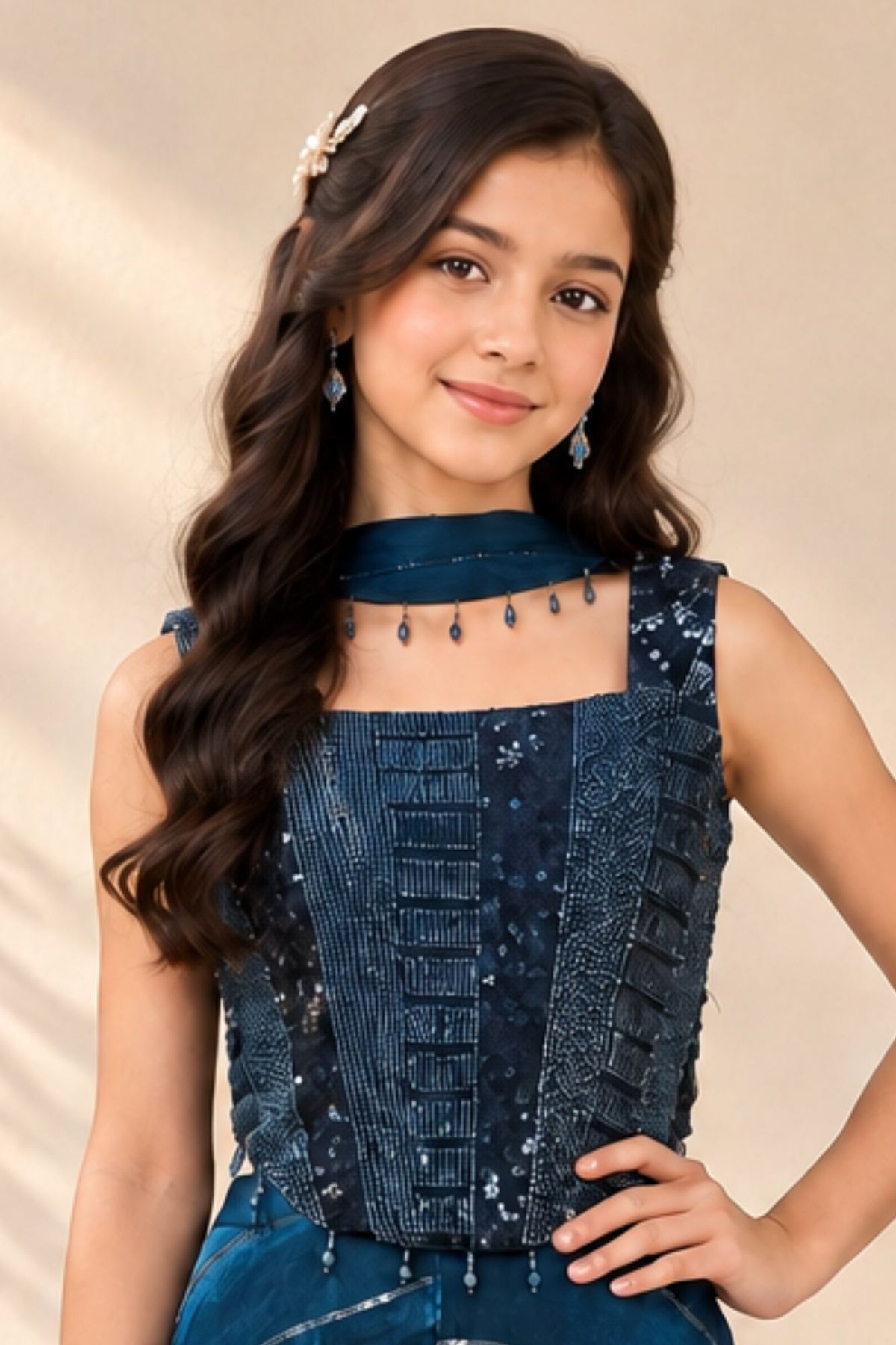 Girls Peacock Blue Heavy Bead Work Embellished Palazzo Set With Dupatta