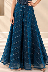 Girls Peacock Blue Heavy Bead Work Embellished Palazzo Set With Dupatta