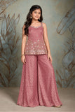 Girls Onion Pink Mirror Embroidered Sleeveless Palazzo Set With Dupatta