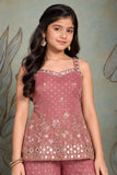Girls Onion Pink Mirror Embroidered Sleeveless Palazzo Set With Dupatta