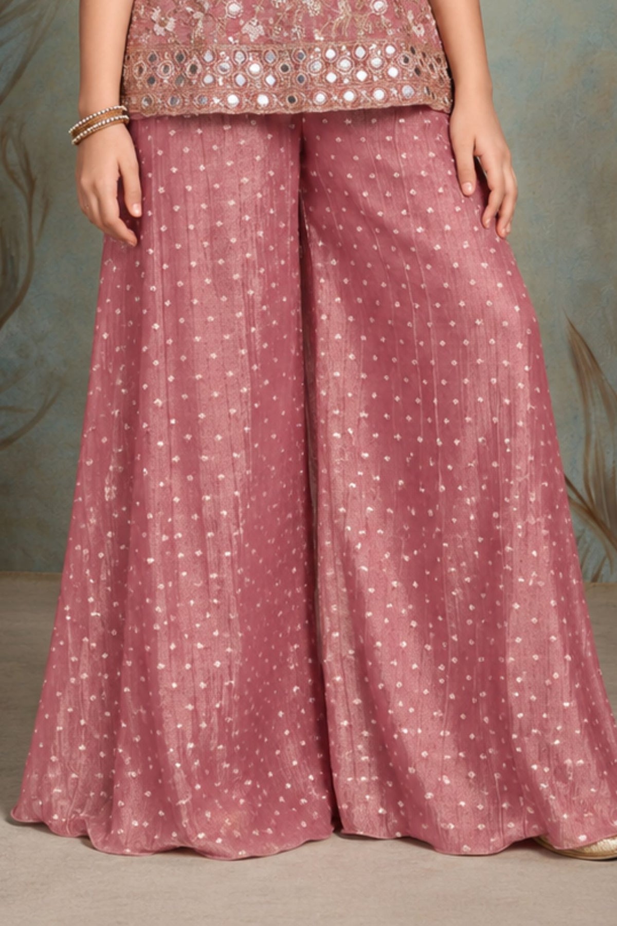 Girls Onion Pink Mirror Embroidered Sleeveless Palazzo Set With Dupatta