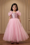 Girls Baby Pink Sequin Party Wear Gown with Bow Sleeves