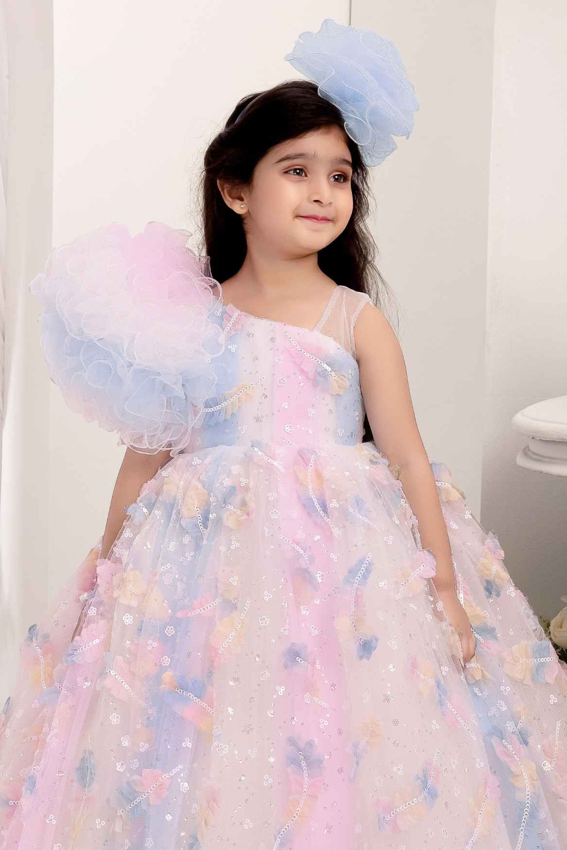 Multicolor Sequin Gown With Ruffled Asymmetric Sleeves For Girls