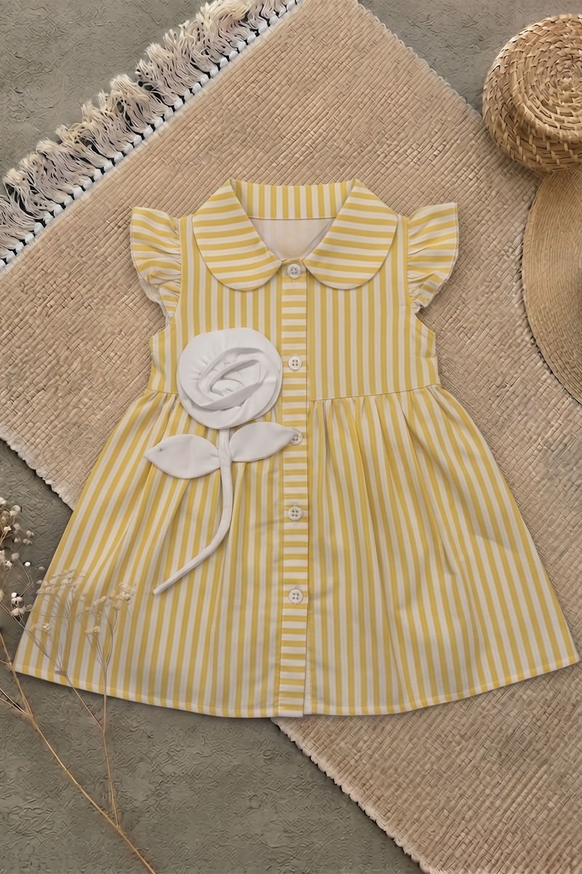 Cheerful Girls Yellow And White Striped Shirt Dress with 3D Floral Applique