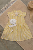 Cheerful Girls Yellow And White Striped Shirt Dress with 3D Floral Applique