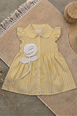 Cheerful Girls Yellow And White Striped Shirt Dress with 3D Floral Applique