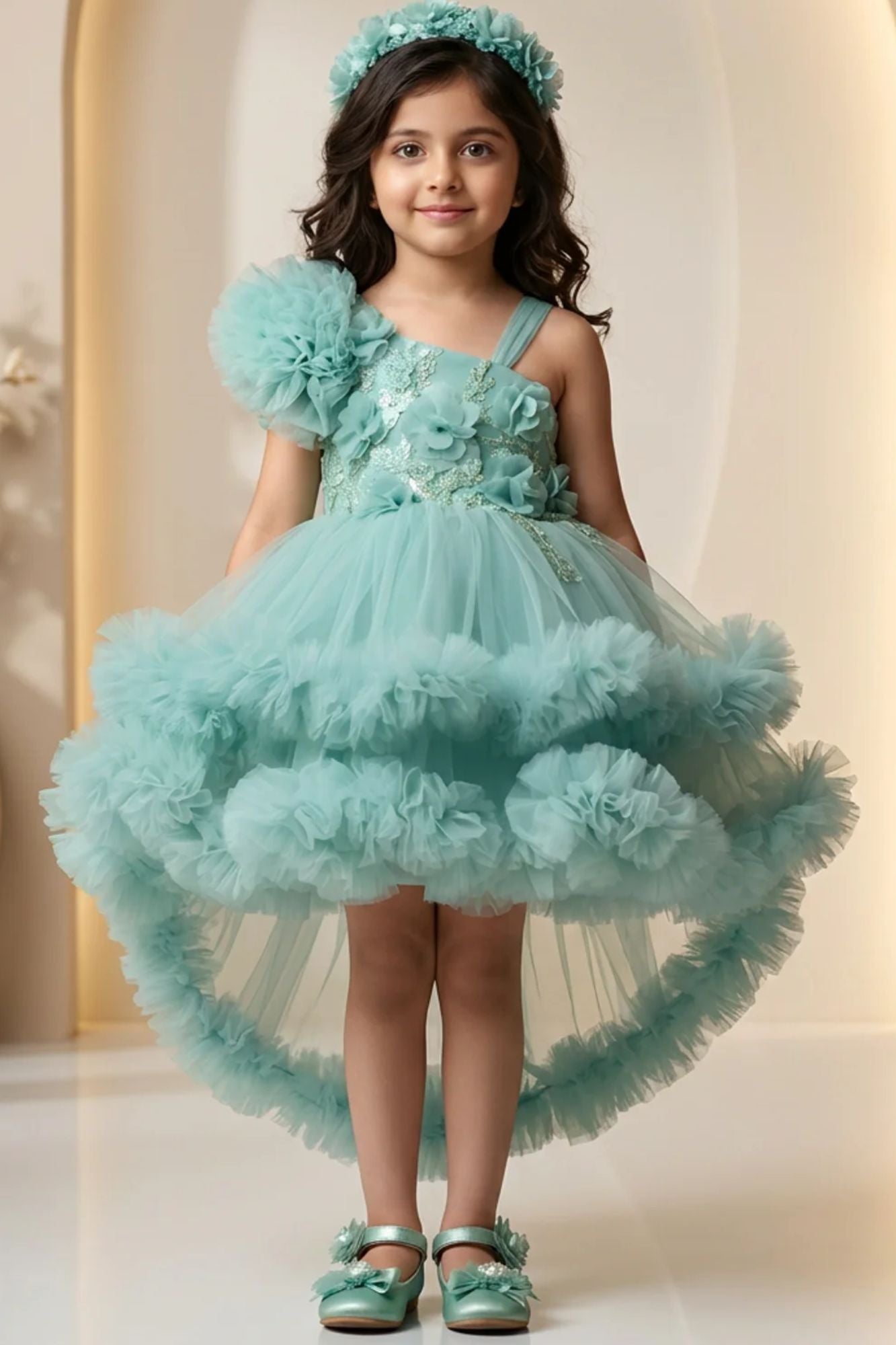 Girls Sea Green Party Frock with Floral Applique and Layered Tulle