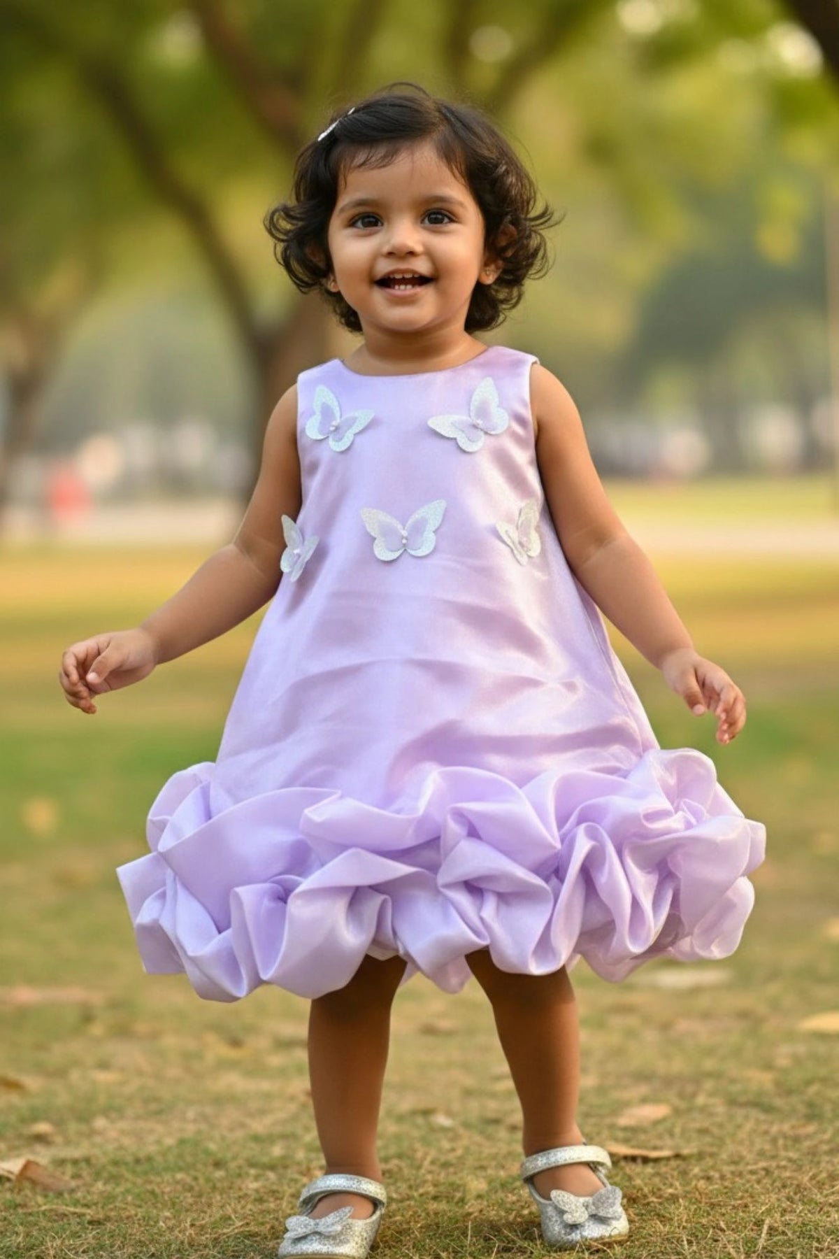 Lavender Party Wear Frock with 3D Butterfly Appliqués and Bubble Hemline For Girls
