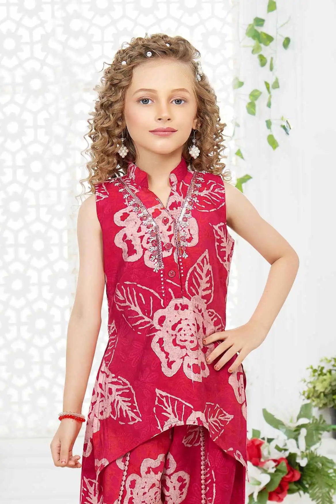 Rani Pink Floral Printed Dhoti Set For Girls