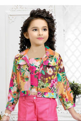 Rani Pink Casual Set With Floral Printed Overcoat For Girls