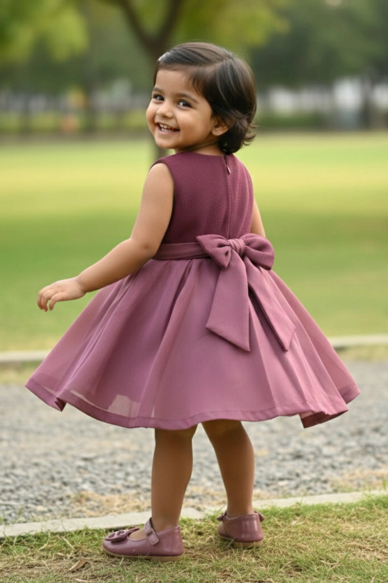 Mauve Embellished Bow Charm Party Frock for Girls