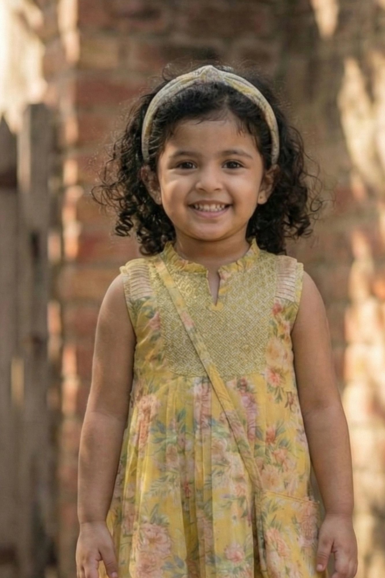 Mustard Bloom Sleeveless Floral Dress for Girls