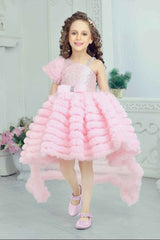 Pink Sequins Work With Bow Embellished Party Wear Tailback Frock For Girls