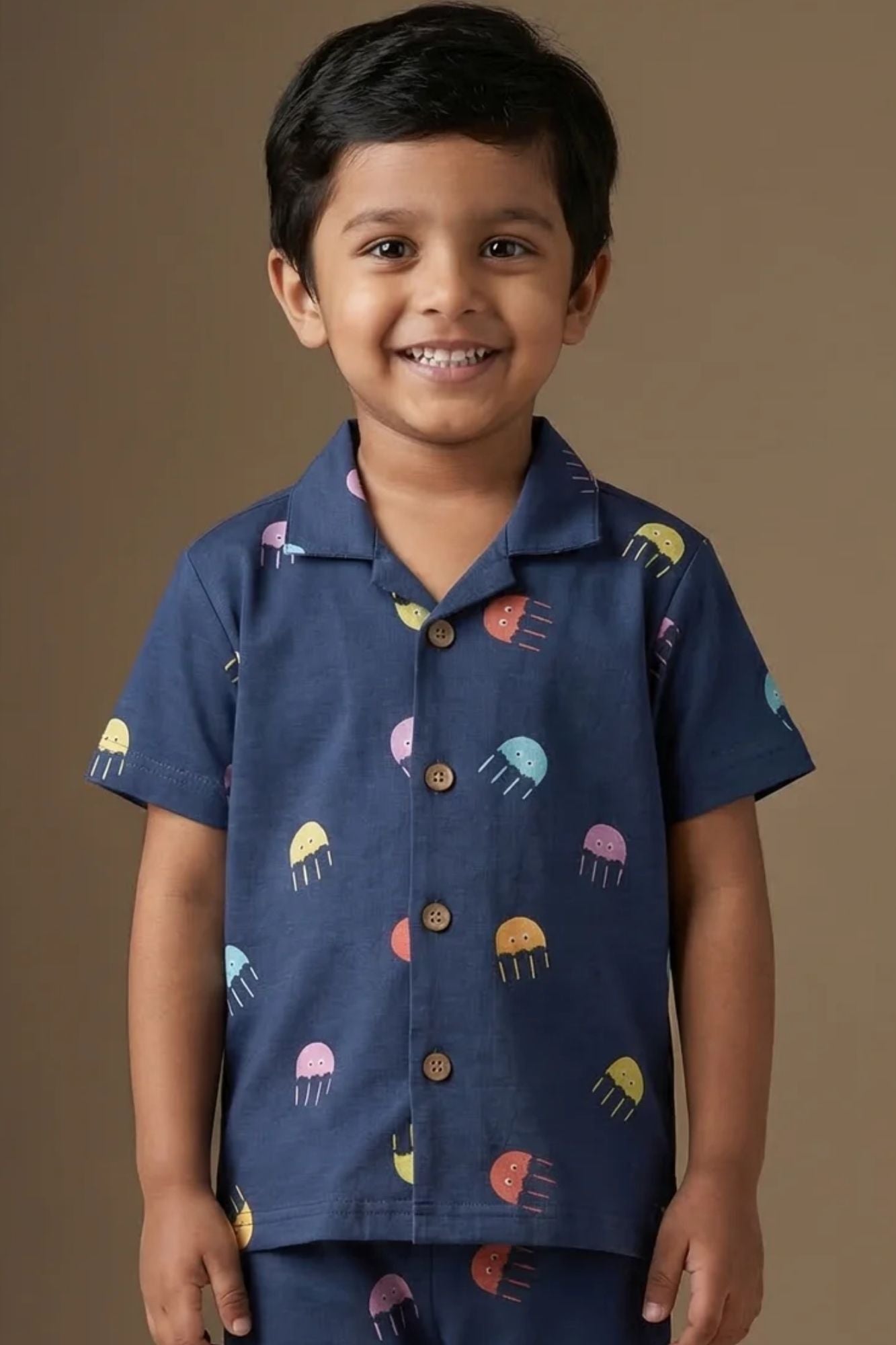 Navy Blue Jellyfish Print Night Suit Set For Boys