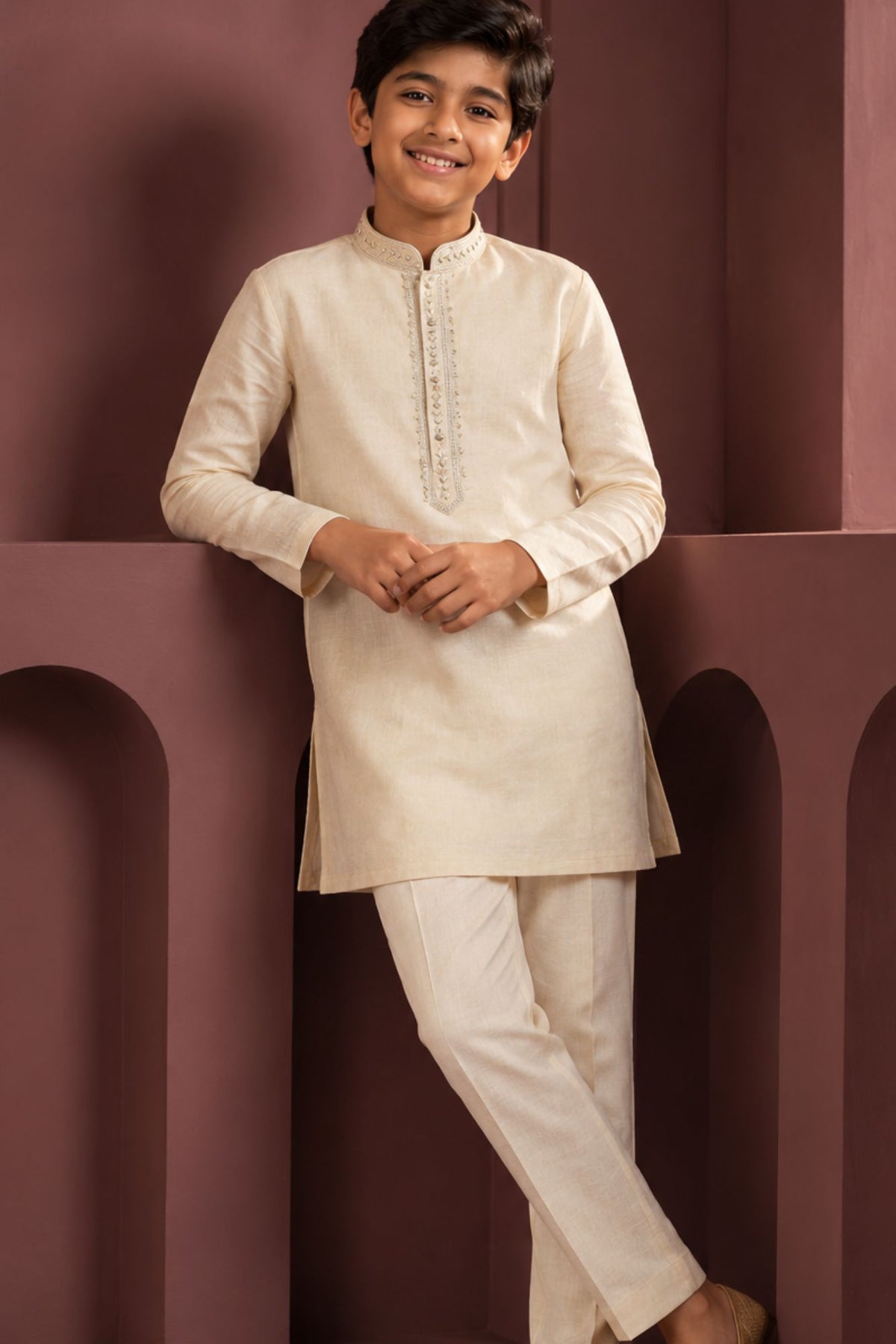 Cream Embroidered Linen Kurta Set For Boys