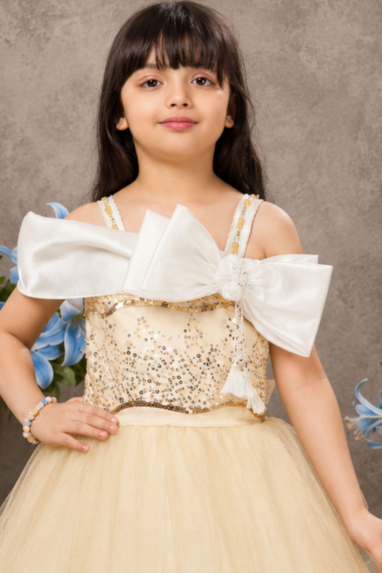 Girls Golden Sequin Bow Detailed Layered Party Wear Gown