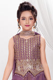 Wine Embroidered Palazzo Set with Dupatta for Girls