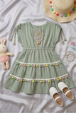 Green Pom-Pom Cotton Frock with Embroidered Yoke For Girls