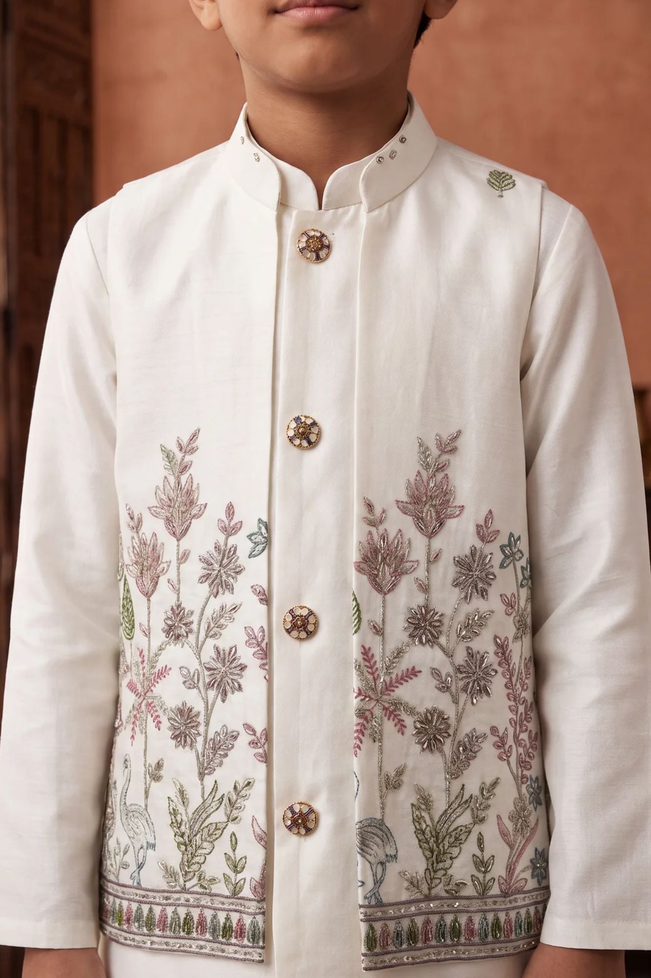 Boys White Floral  Embroidered Kurta Set with Nehru Jacket