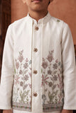 Boys White Floral  Embroidered Kurta Set with Nehru Jacket