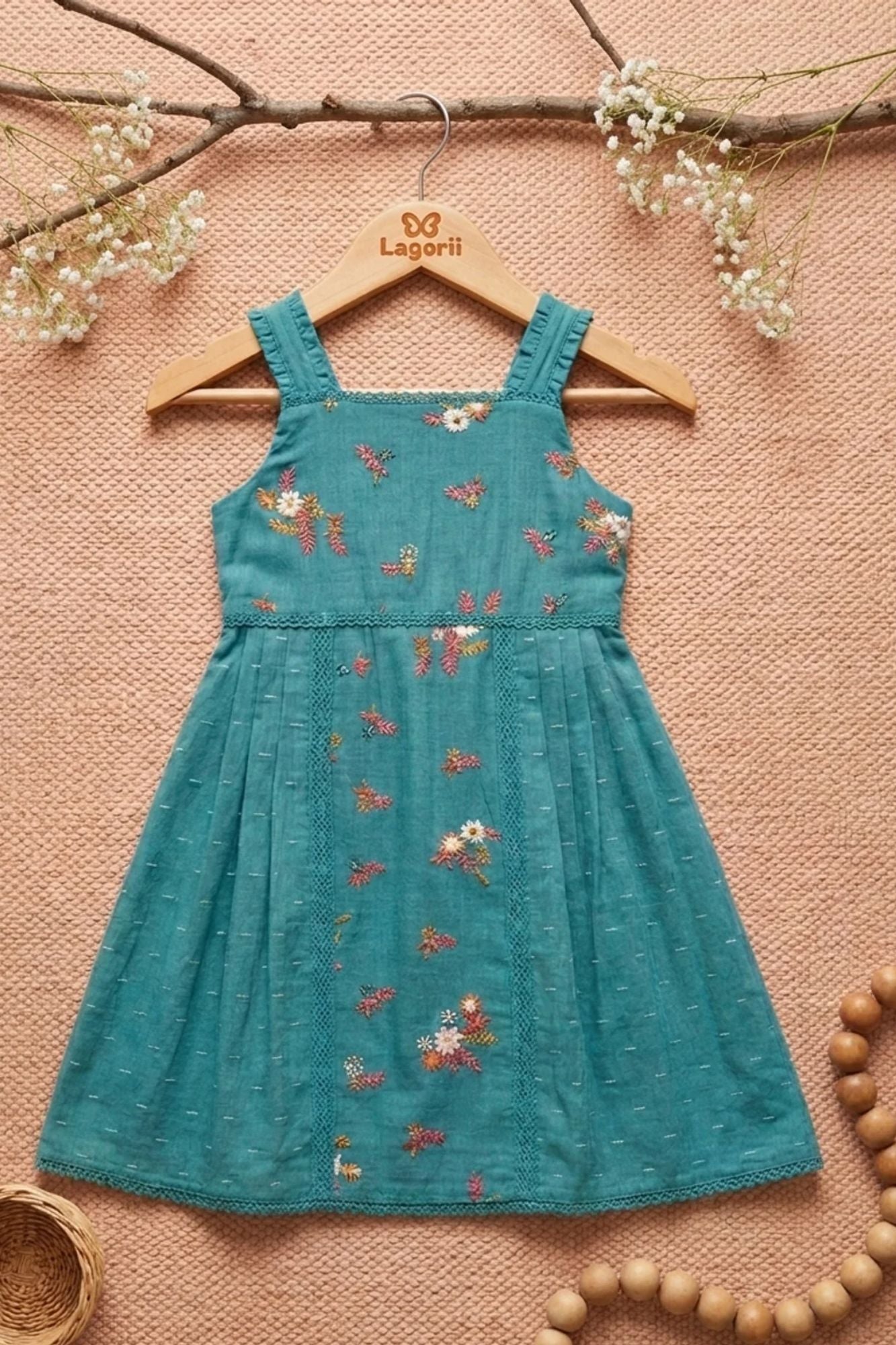 Girls Teal Green Floral Embroidered Sleeveless Dress with Lace Panels