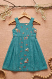 Girls Teal Green Floral Embroidered Sleeveless Dress with Lace Panels