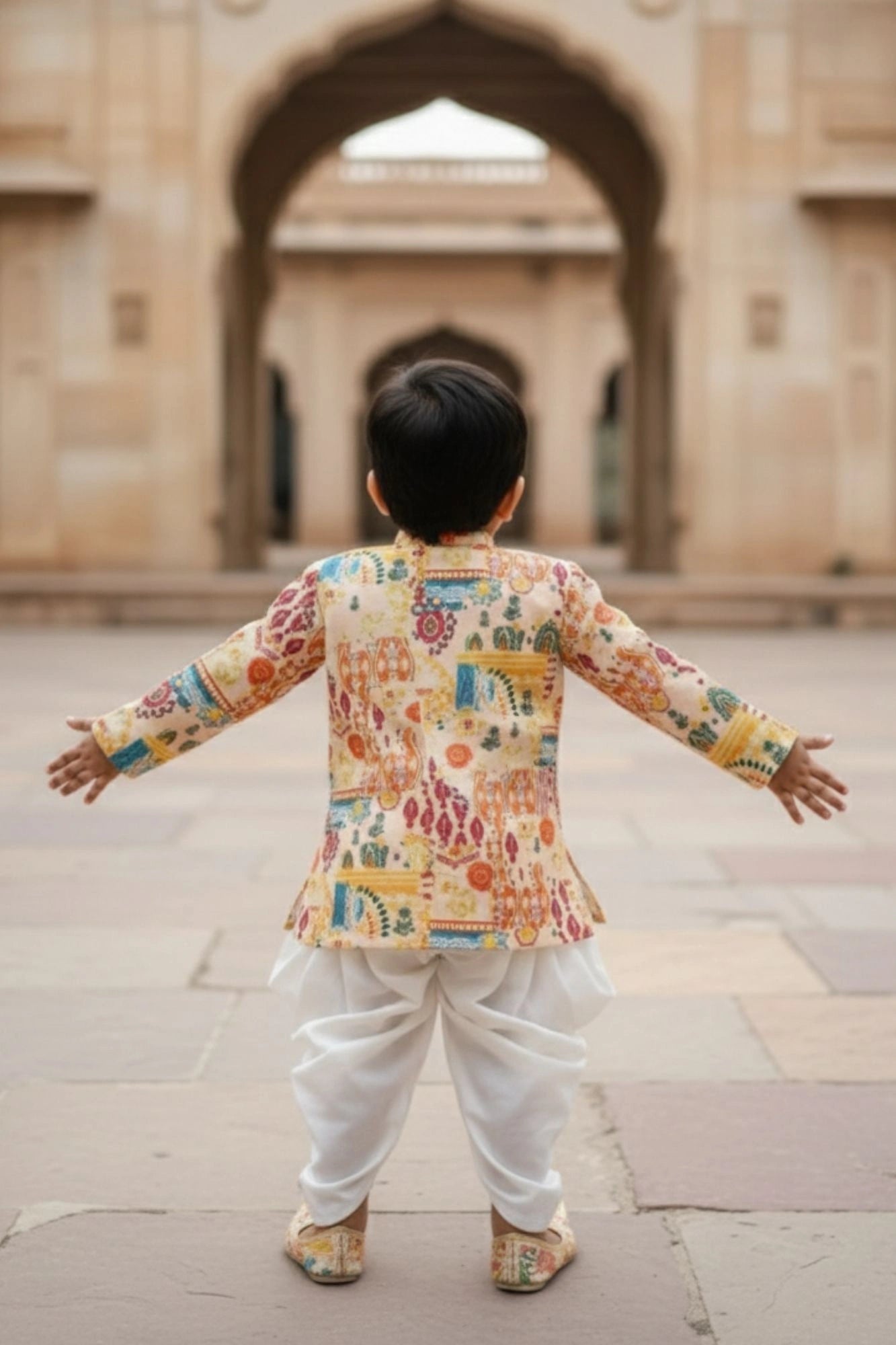 Cream Multicolor Ethnic Printed Kurta Dhoti Set for Boys