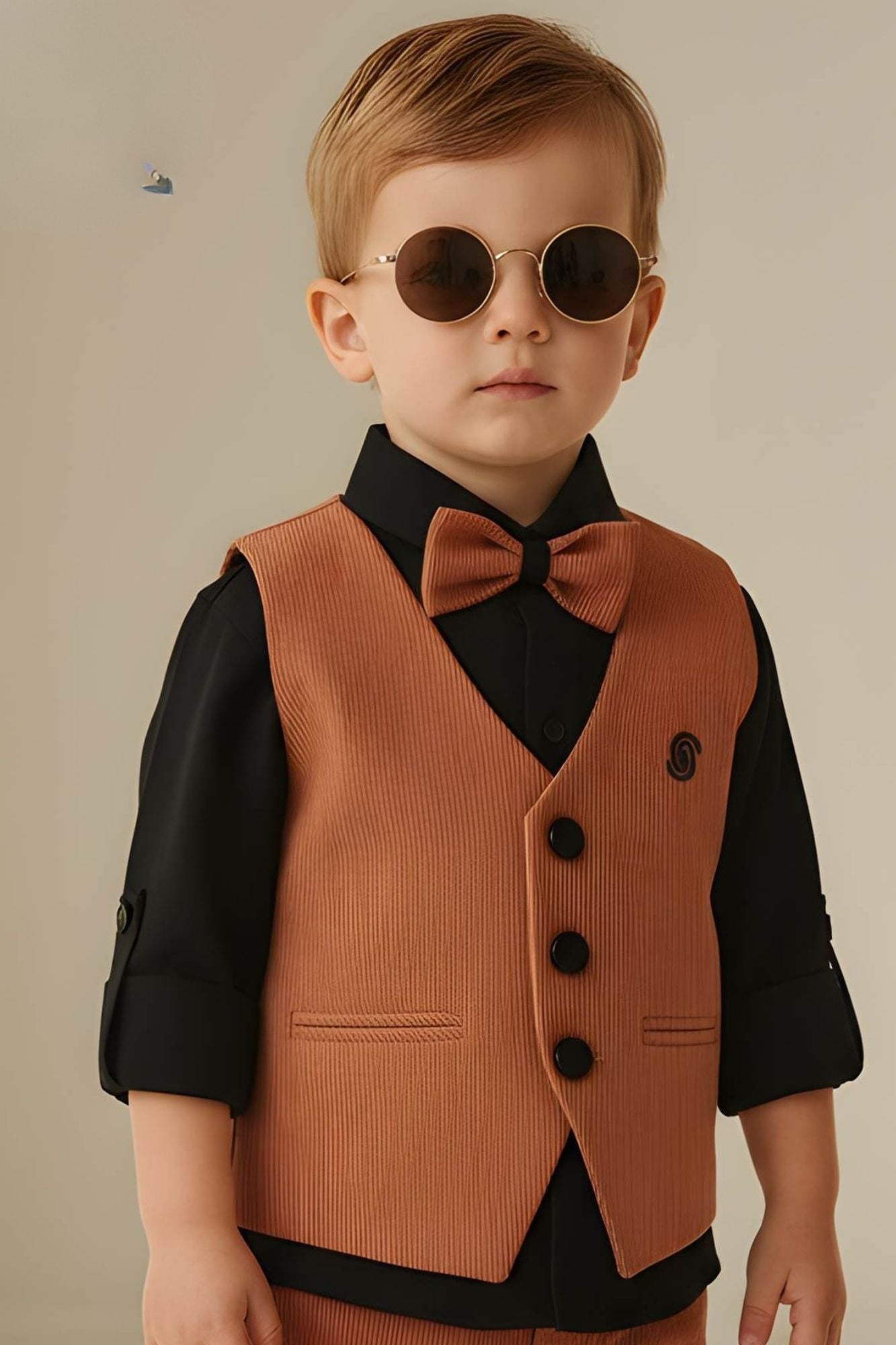 Boys Brown Waistcoat Suit Set with Bow Tie