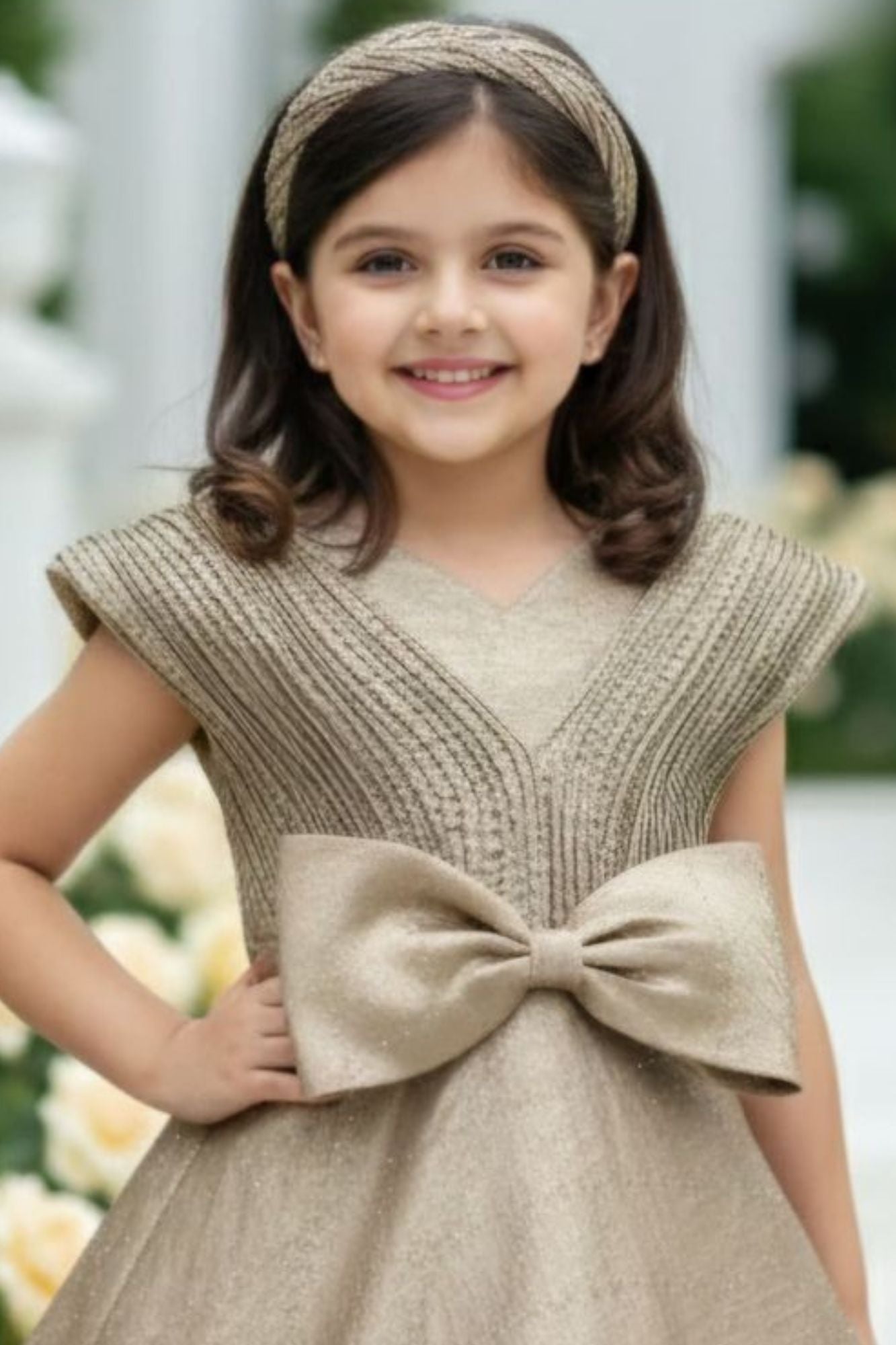 Fawn Shimmer Bow Detail Party Gown For Girls